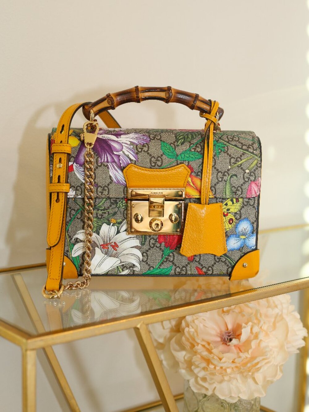 Gucci Padlock GG Blooms Bamboo Top Handle Crossbody Bag Yellow Floral